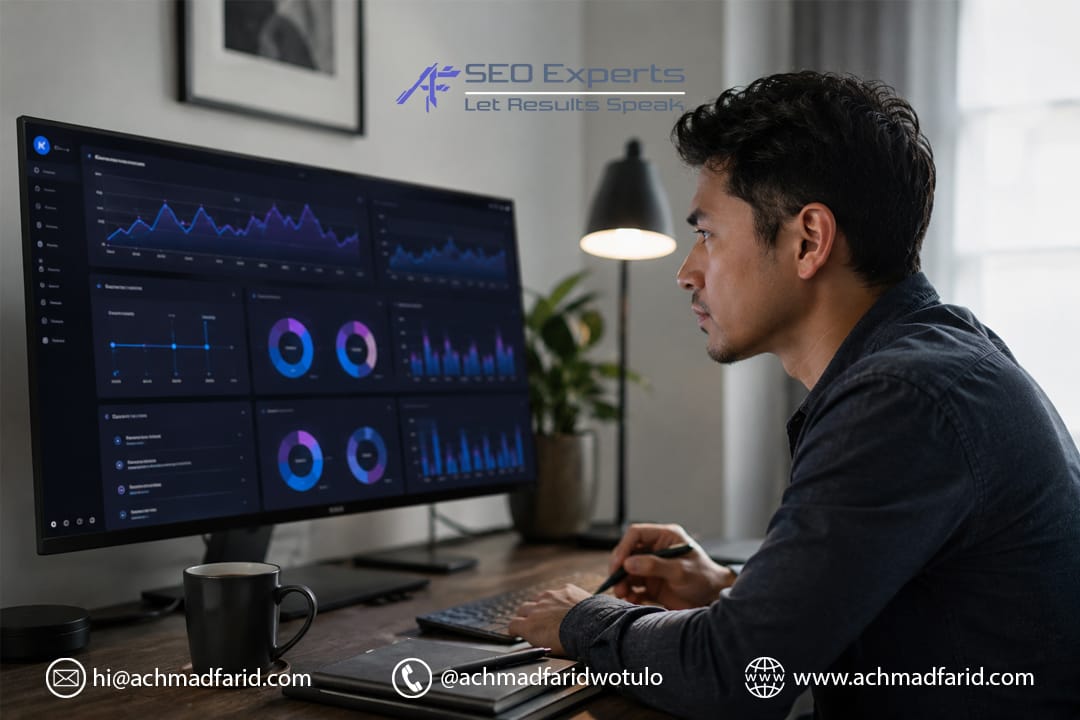 SEO specialist menganalisis elemen on-page SEO di dashboard website profesional