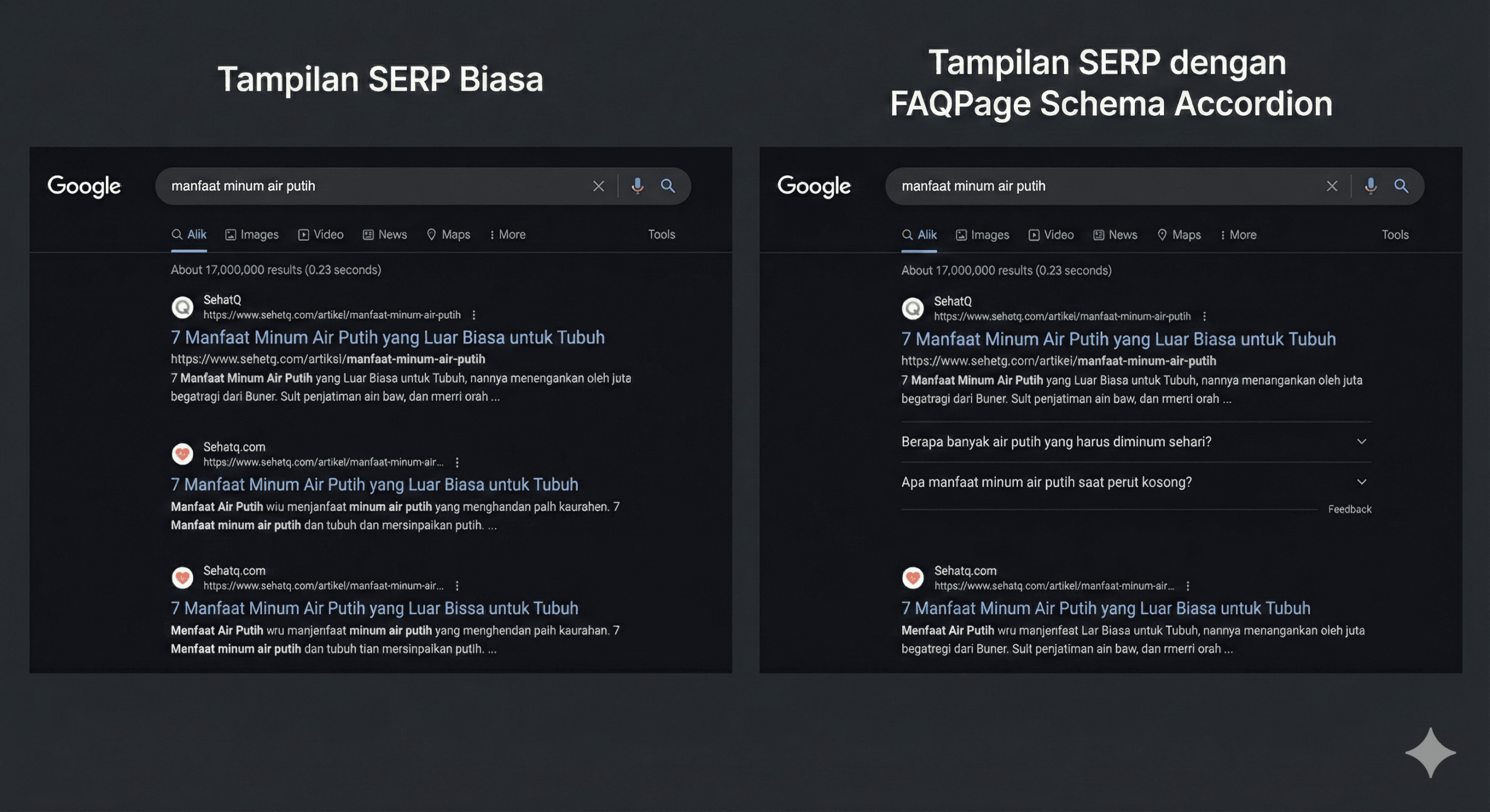 Hasil pencarian biasa vs hasil dengan FAQPage Schema accordion