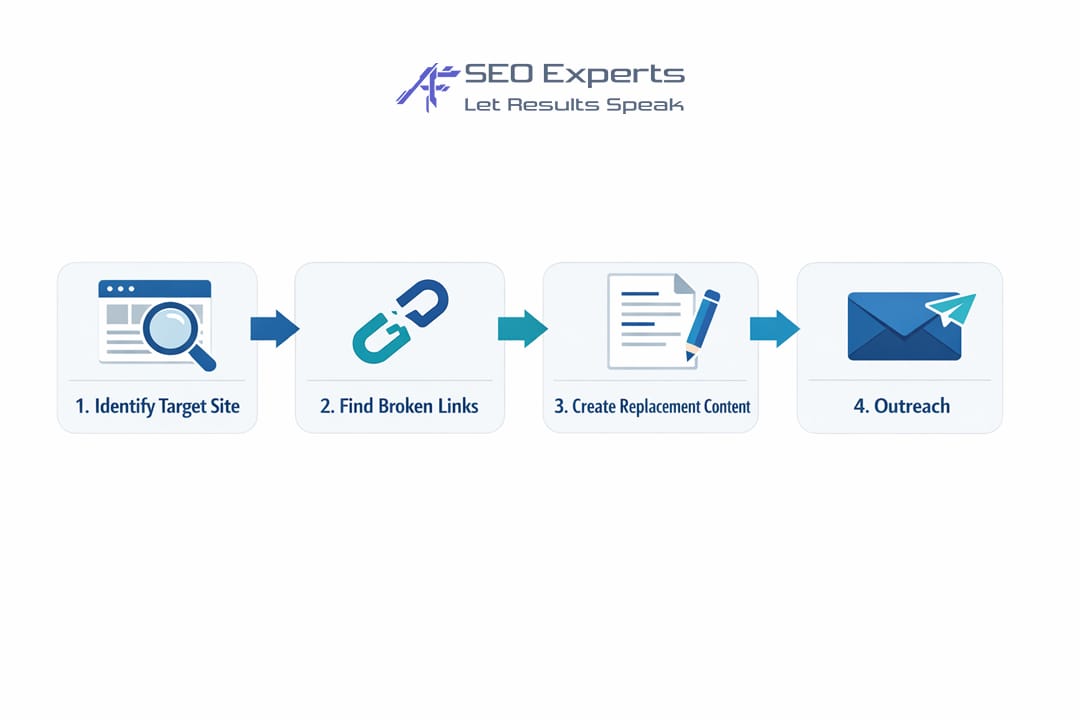 Diagram alur langkah-demi-langkah cara optimasi off-page SEO dengan broken link building.