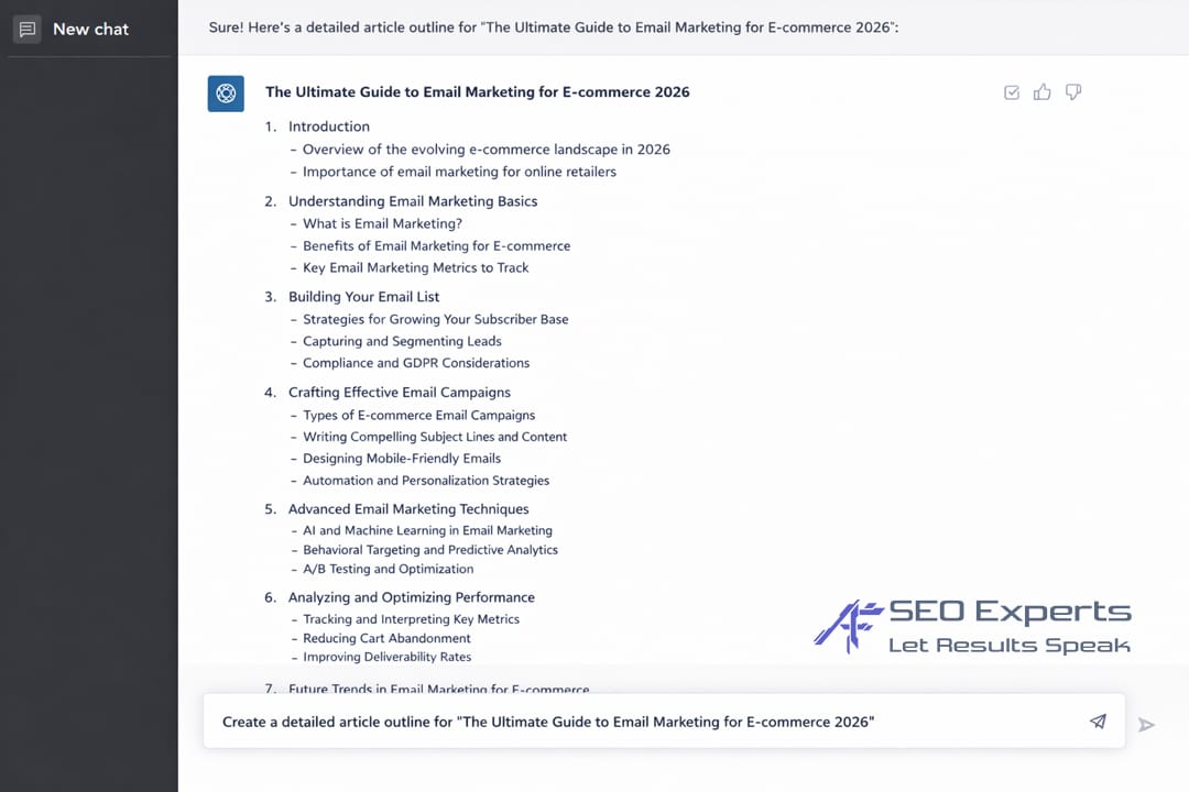 Contoh hasil prompt ChatGPT untuk membuat kerangka konten artikel SEO.