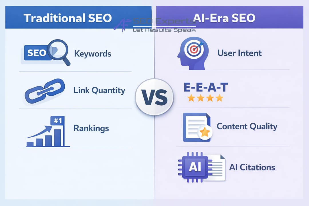 Infografis perbandingan SEO tradisional vs SEO di era AI