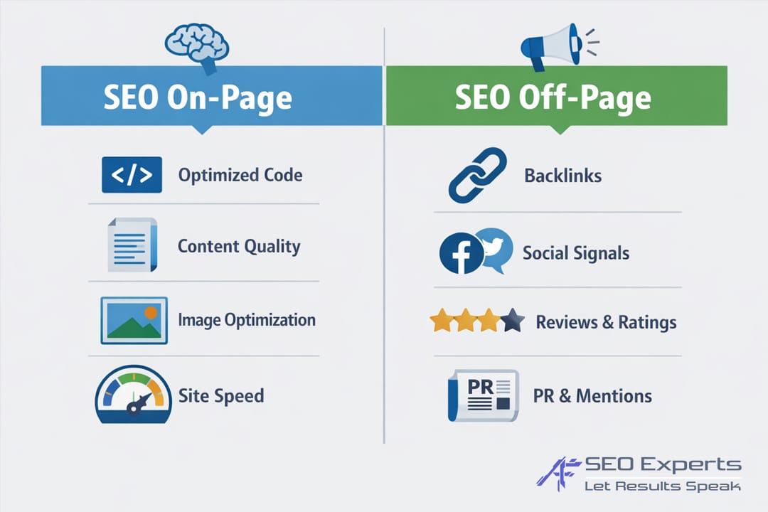 Infografis perbedaan antara optimasi SEO on-page dan off-page.