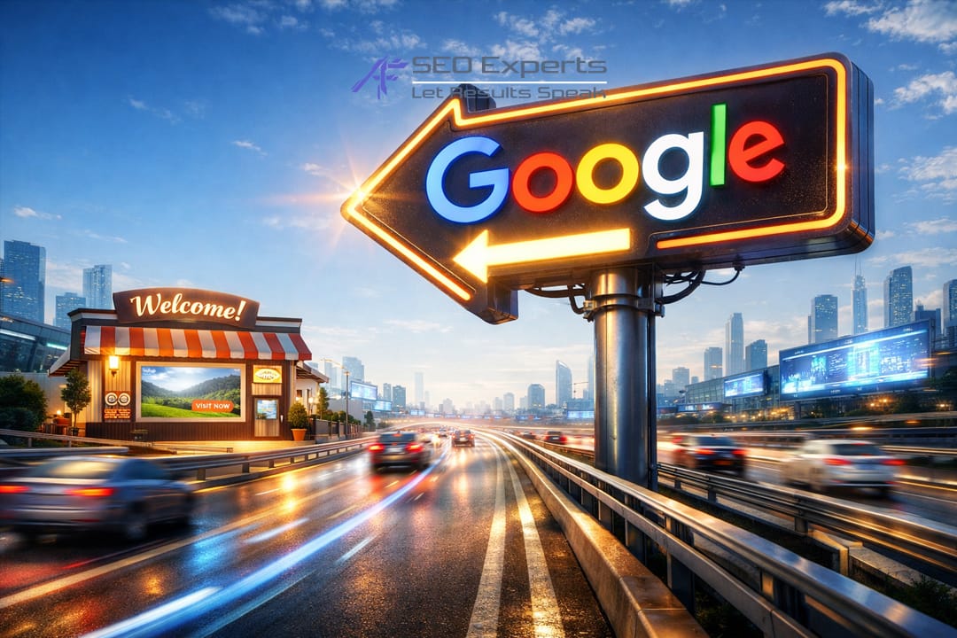 Analogi artikel SEO sebagai papan penunjuk arah Google yang membawa trafik organik ke website.