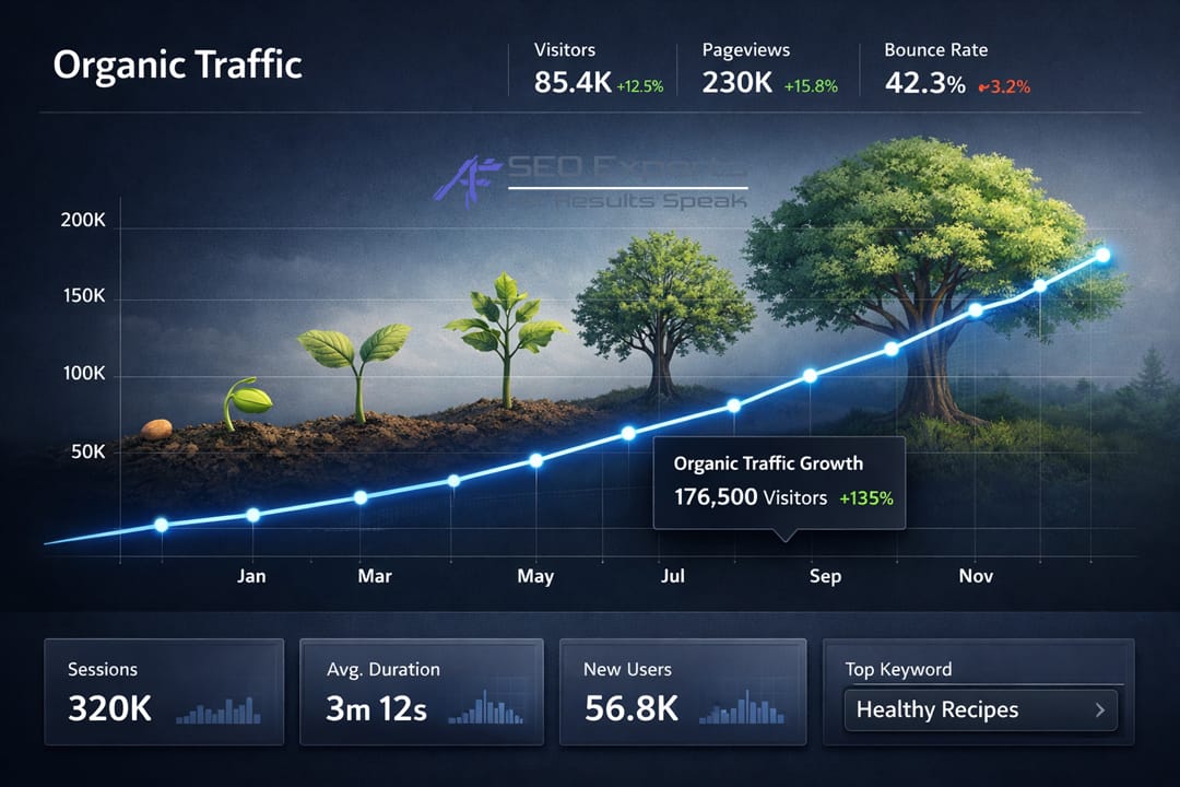 Grafik pertumbuhan trafik organik dari manfaat artikel SEO sebagai investasi jangka panjang.