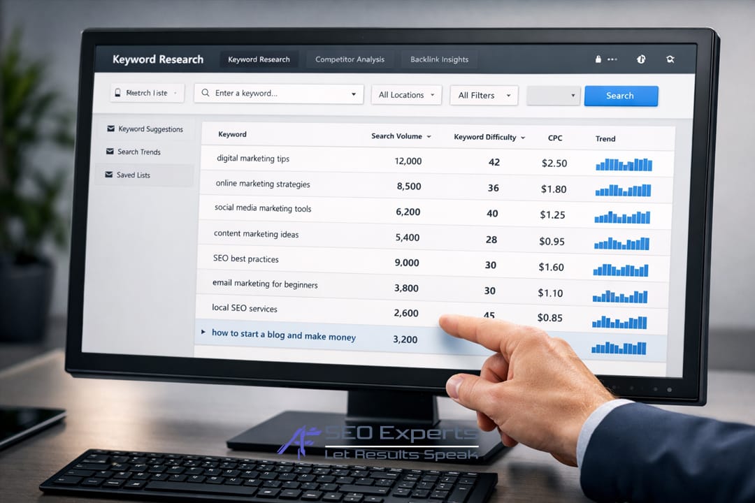 Dashboard tools riset keyword gratis yang menampilkan metrik volume pencarian dan tingkat kesulitan.