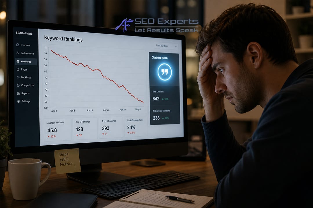 Seorang praktisi SEO yang masih fokus pada metrik ranking keyword dan mengabaikan metrik penting Generative Engine Optimization (GEO) seperti sitasi.