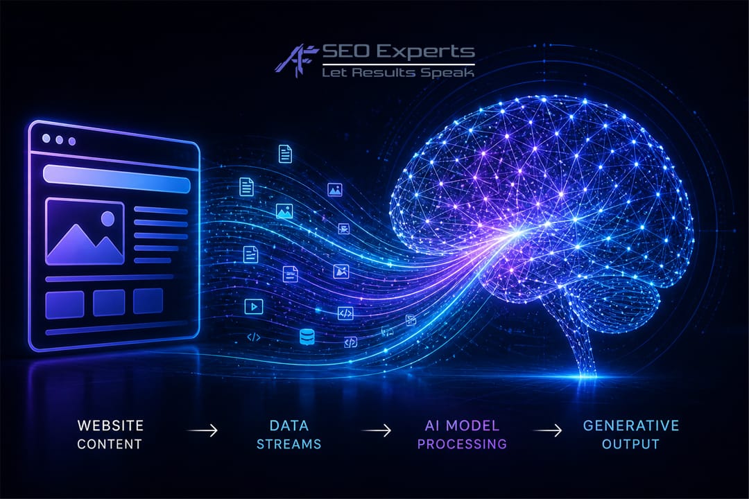 Konsep Generative Engine Optimization (GEO) di mana website menjadi sumber jawaban untuk AI Google, sebuah strategi impresi SEO modern.