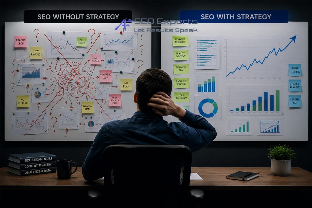 Ilustrasi perbedaan antara strategi SEO yang berantakan dan yang terorganisir dengan SOP.