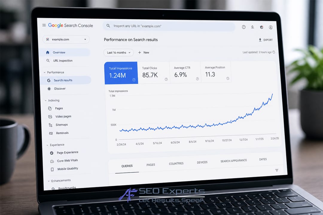 Grafik metrik impresi SEO yang meningkat tajam di dashboard Google Search Console.