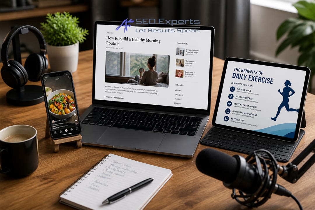 Berbagai format konten digital seperti artikel, video, infografis, dan podcast yang digunakan dalam strategi SEO.
