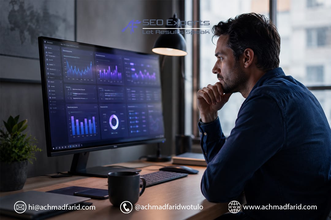 Ilustrasi SEO specialist menganalisis performa struktur konten di dashboard analytics