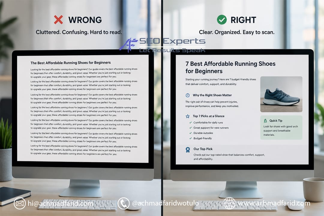 Perbandingan struktur artikel SEO yang salah dan benar