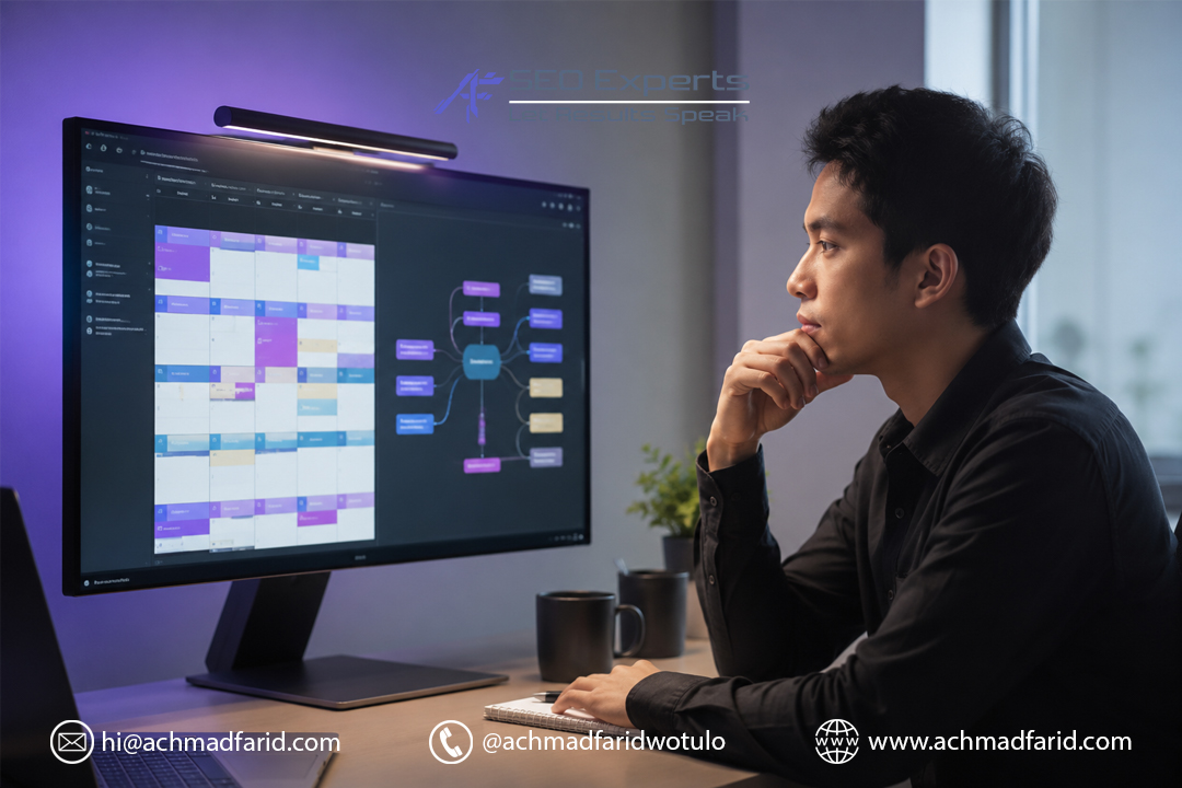 Menyusun strategi dan kalender content marketing untuk bisnis di layar monitor